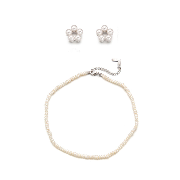 [SET]Petit Flower Earring +Margaret Pearl Layered Necklace